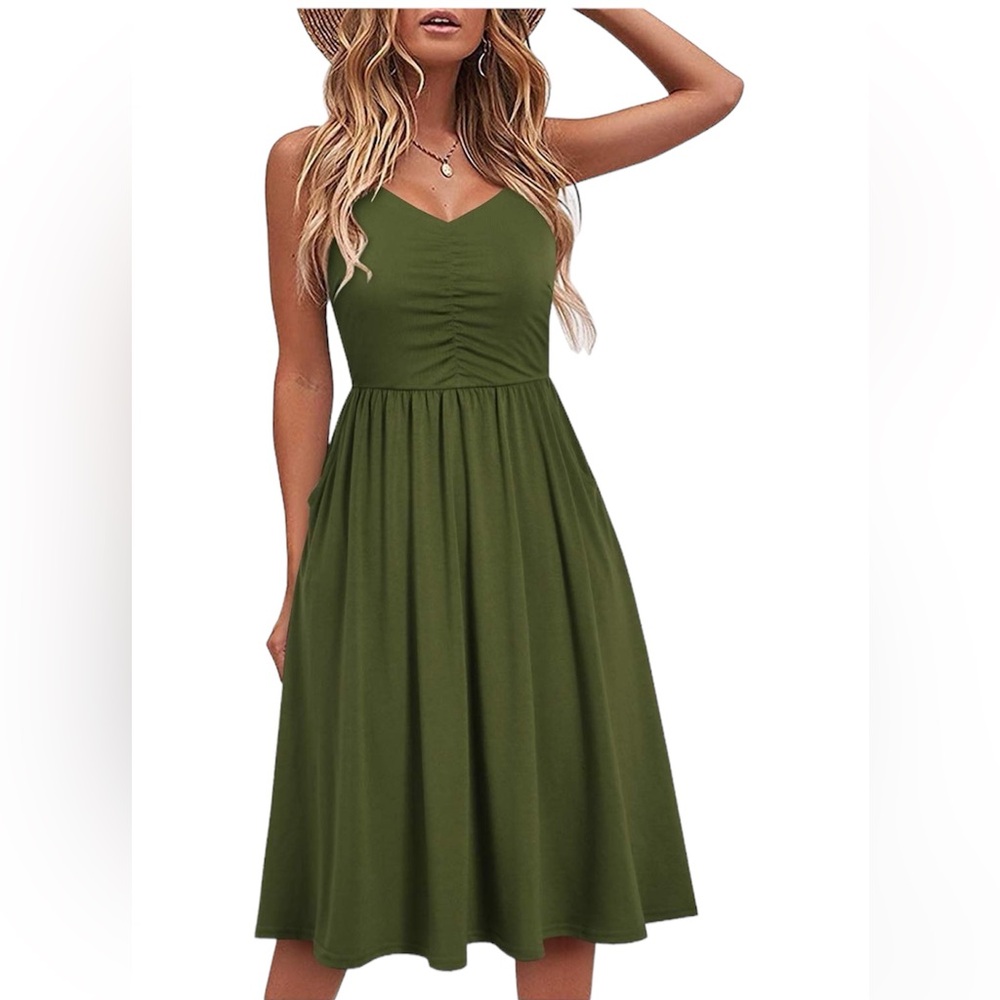 NEW• Zen Bohemian Green Goddess Ruched Minimalist Dress with Pockets• XL